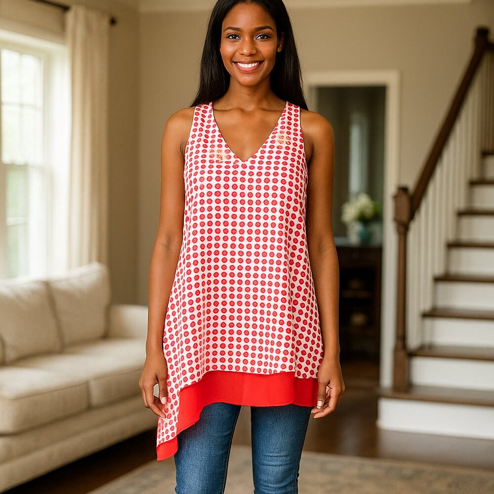 Zac Rachel Women M Sleeveless Top Red Polka Dots Asymmetrical Beach Boho Retro